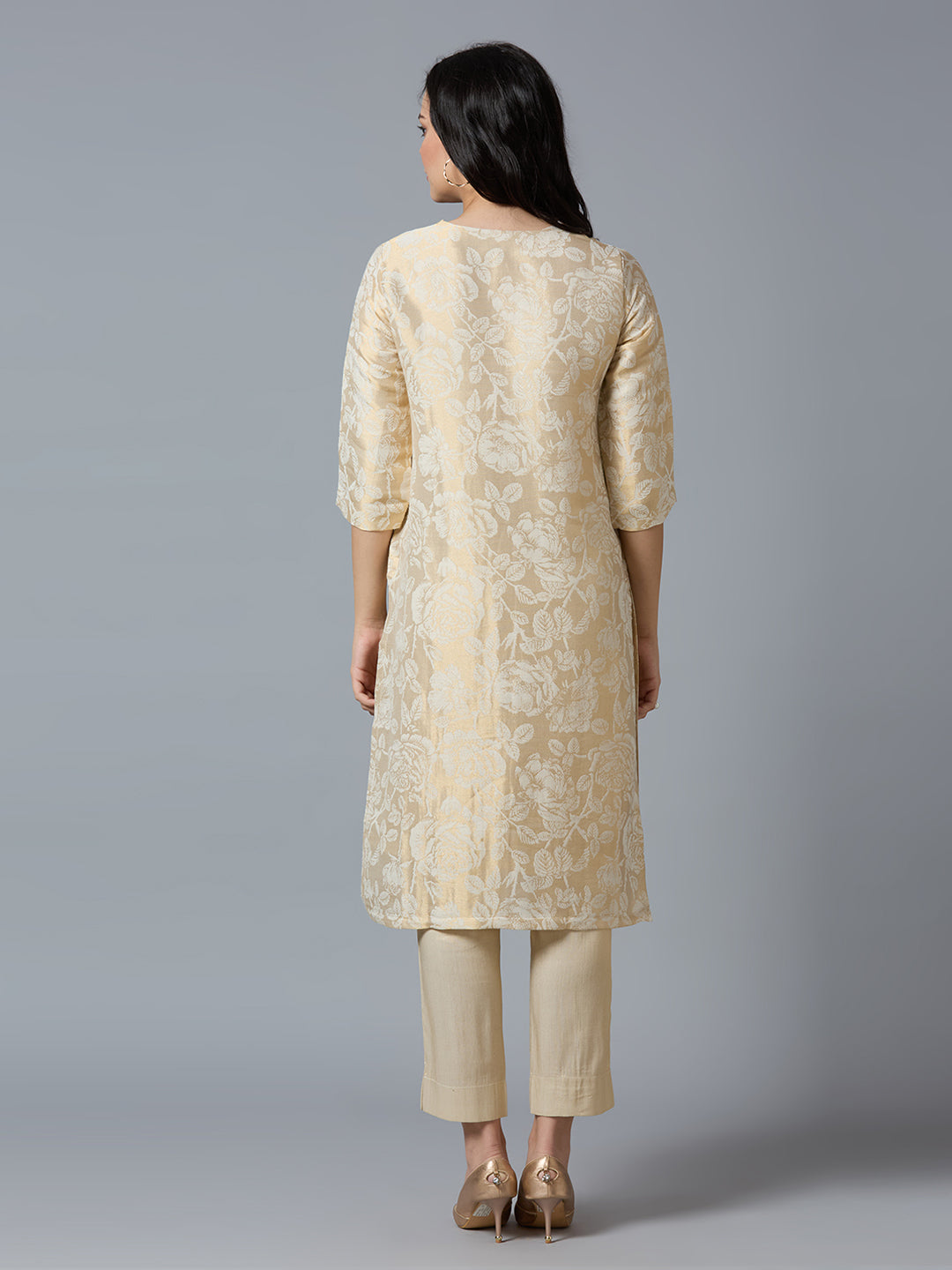 Brocade Off-White Gold Rose Design Kurti