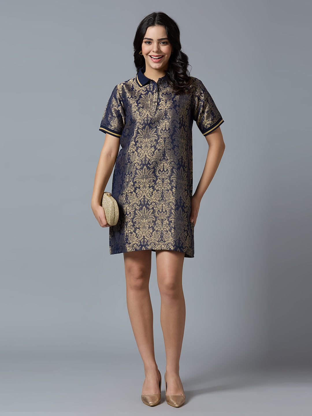 Brocade Tapestry Design Navy T-Shirt Dress