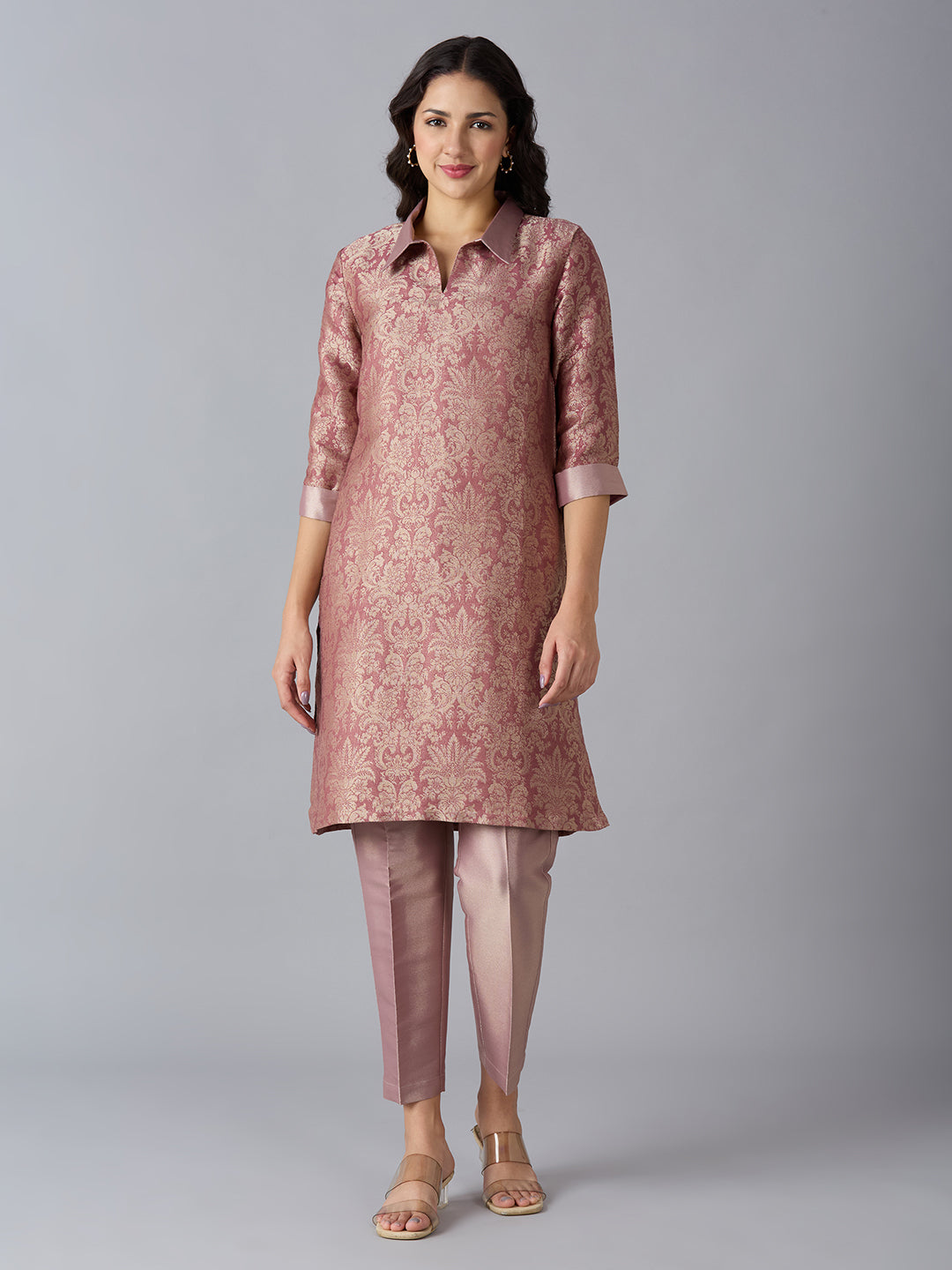 Coral Tapestry Design Brocade Kurta Set