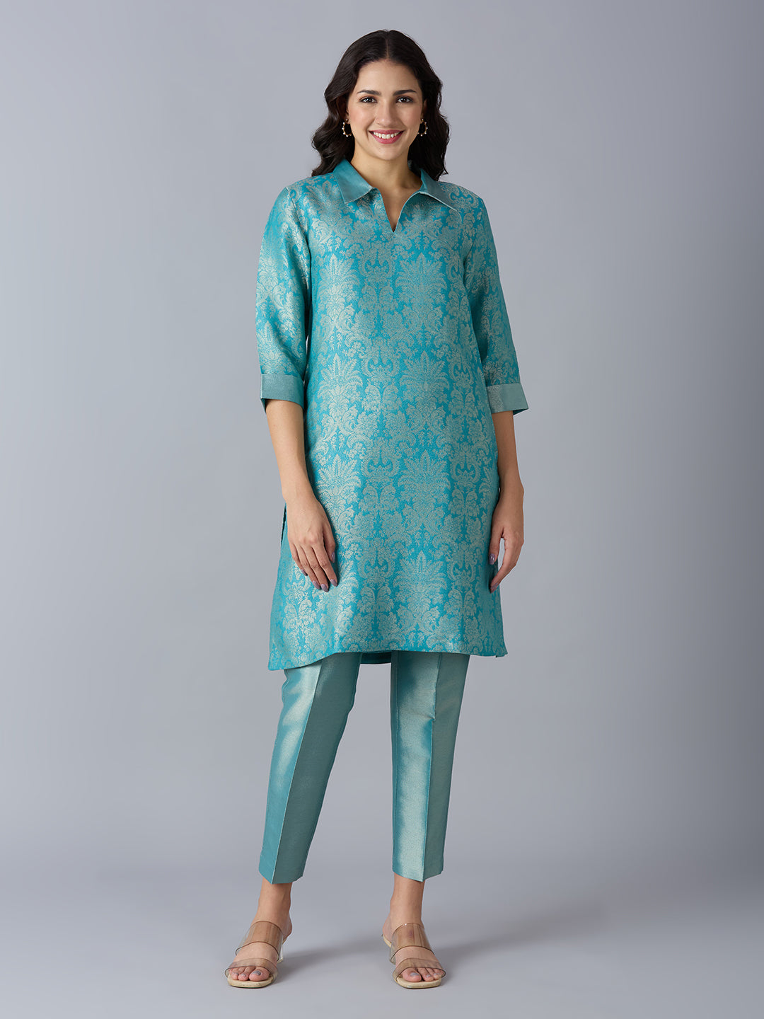 Coral Tapestry Design Brocade Kurta Set