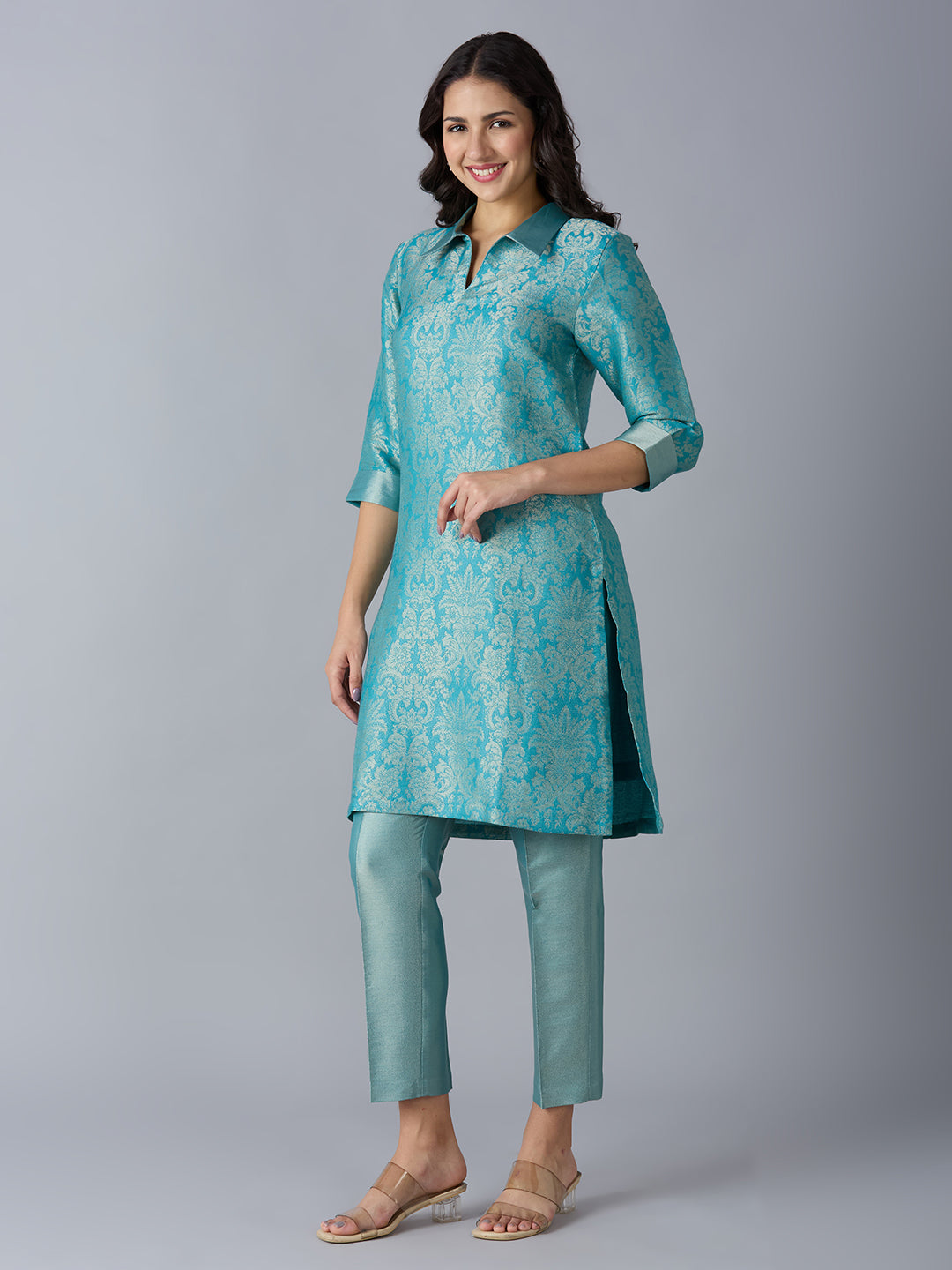 Coral Tapestry Design Brocade Kurta Set