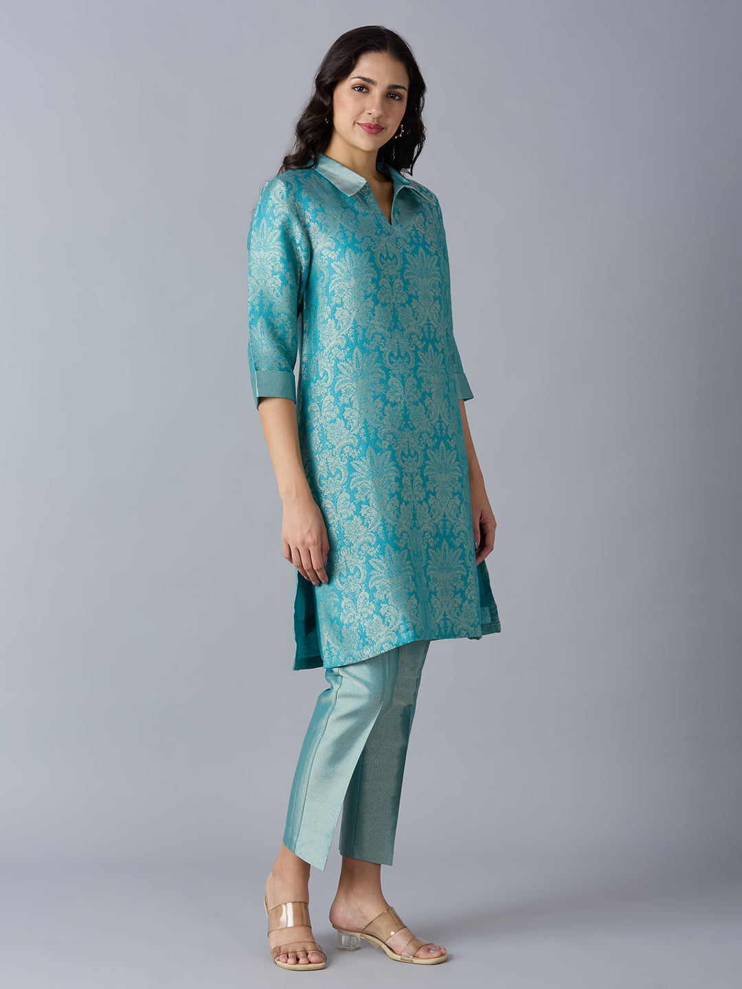 Teal Tapestry Design Brocade Kurta Set