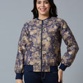 Brocade Floral Swirl Design Navy Bomber Jacket