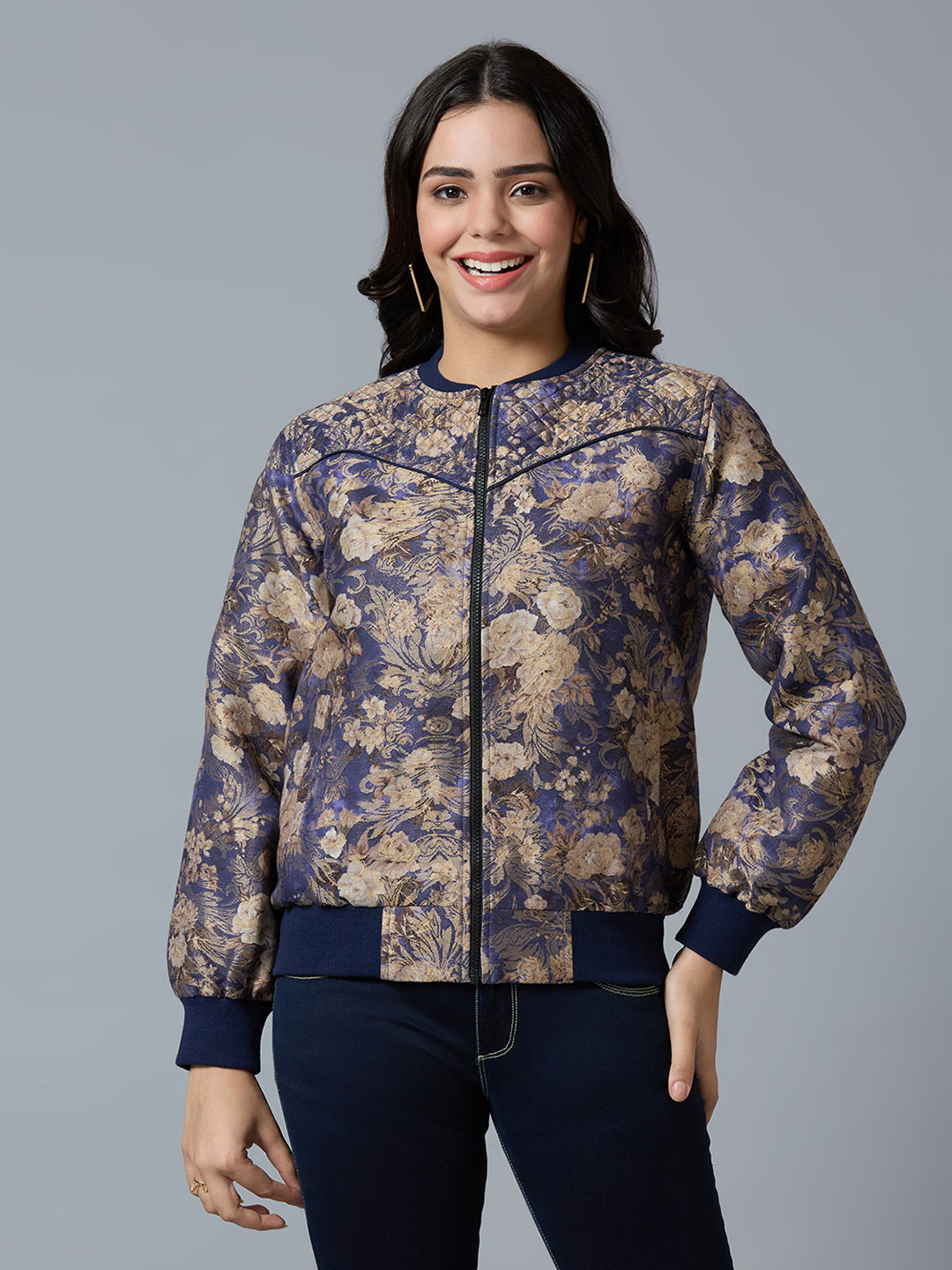 Navy Blue Floral Swirl Design Brocade Bomber Jacket