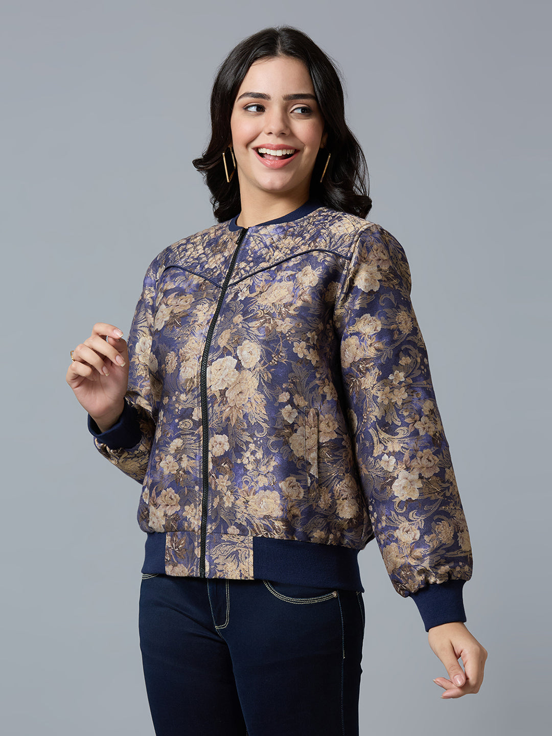 Navy Blue Floral Swirl Design Brocade Bomber Jacket