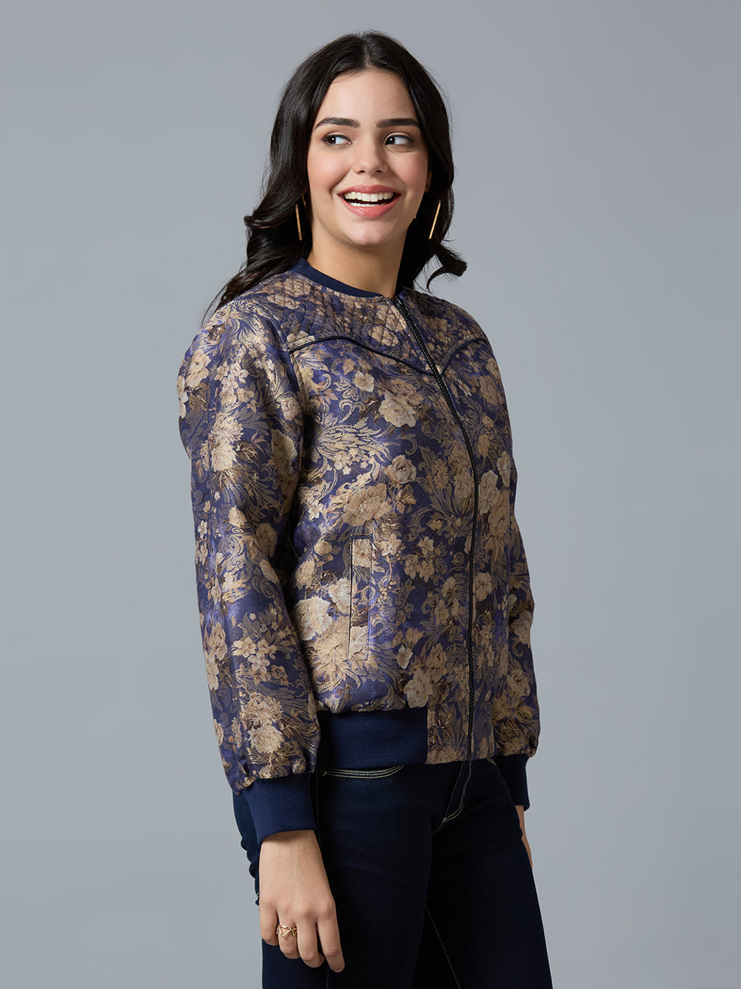 Navy Blue Floral Swirl Design Brocade Bomber Jacket