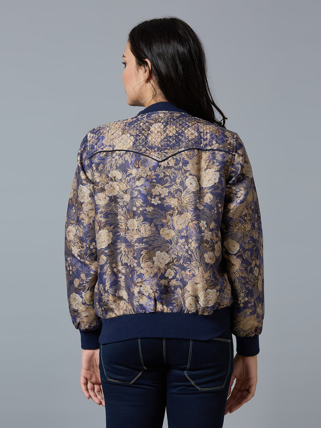 Navy Blue Floral Swirl Design Brocade Bomber Jacket