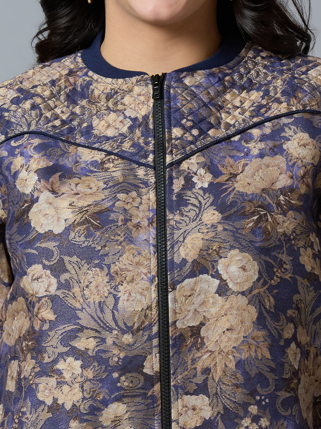 Navy Blue Floral Swirl Design Brocade Bomber Jacket