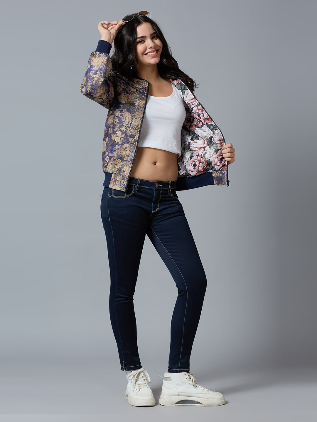 Brocade Floral Swirl Design Navy Bomber Jacket