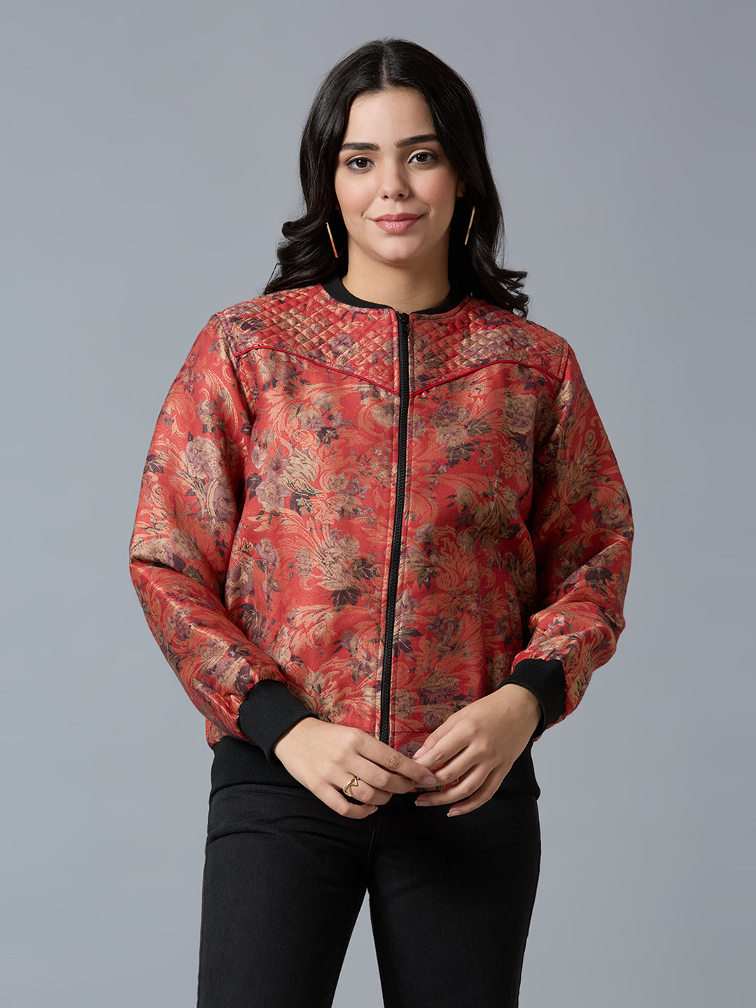 Red Multi Floral Swirl Design Brocade Bomber Jacket