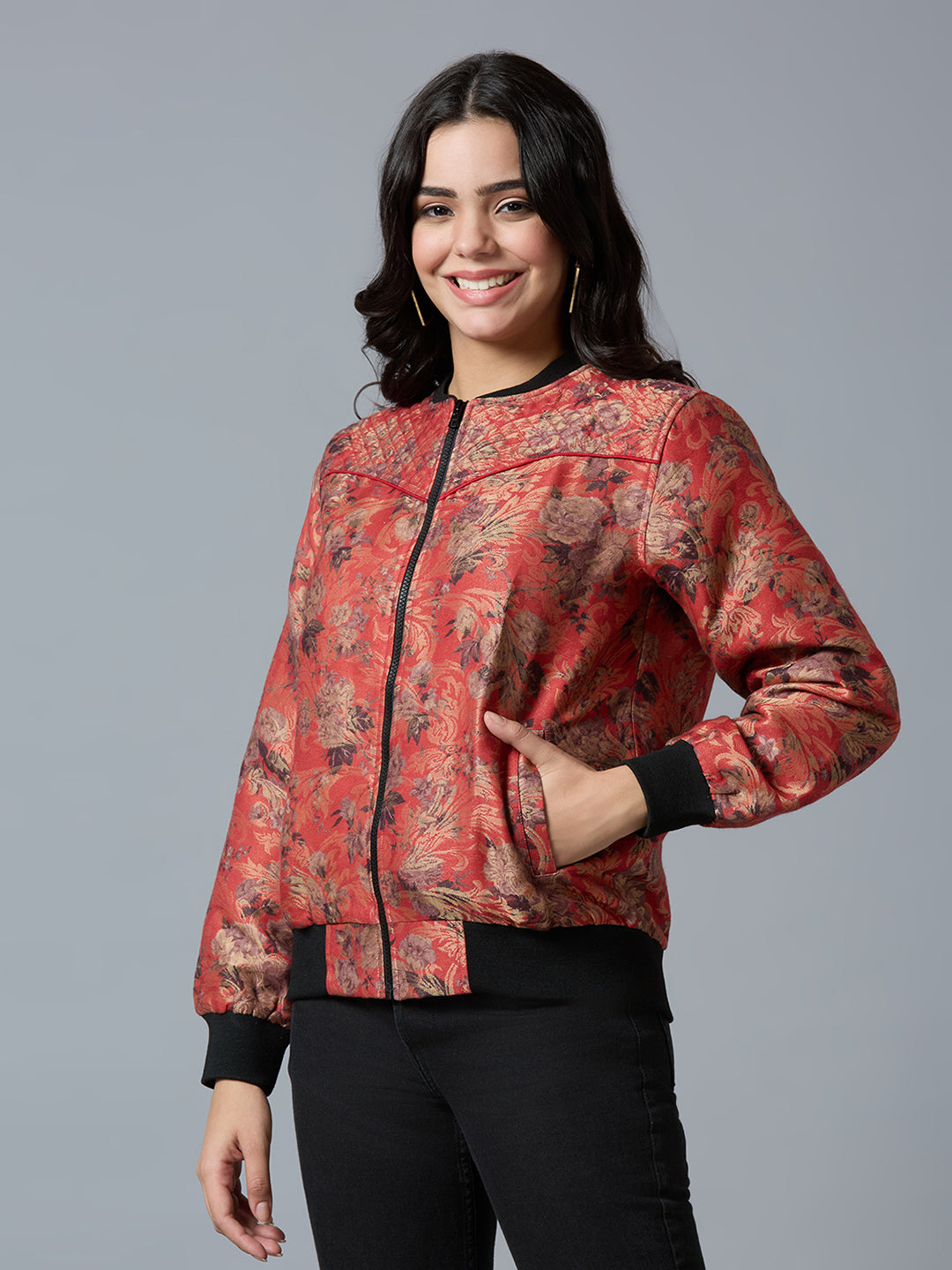 Red Multi Floral Swirl Design Brocade Bomber Jacket