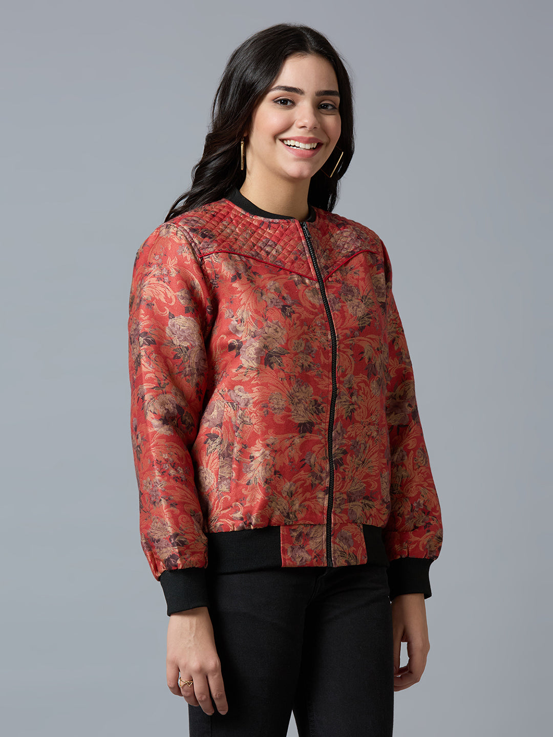 Red Multi Floral Swirl Design Brocade Bomber Jacket