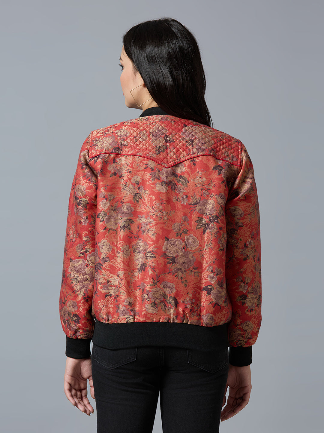 Red Multi Floral Swirl Design Brocade Bomber Jacket