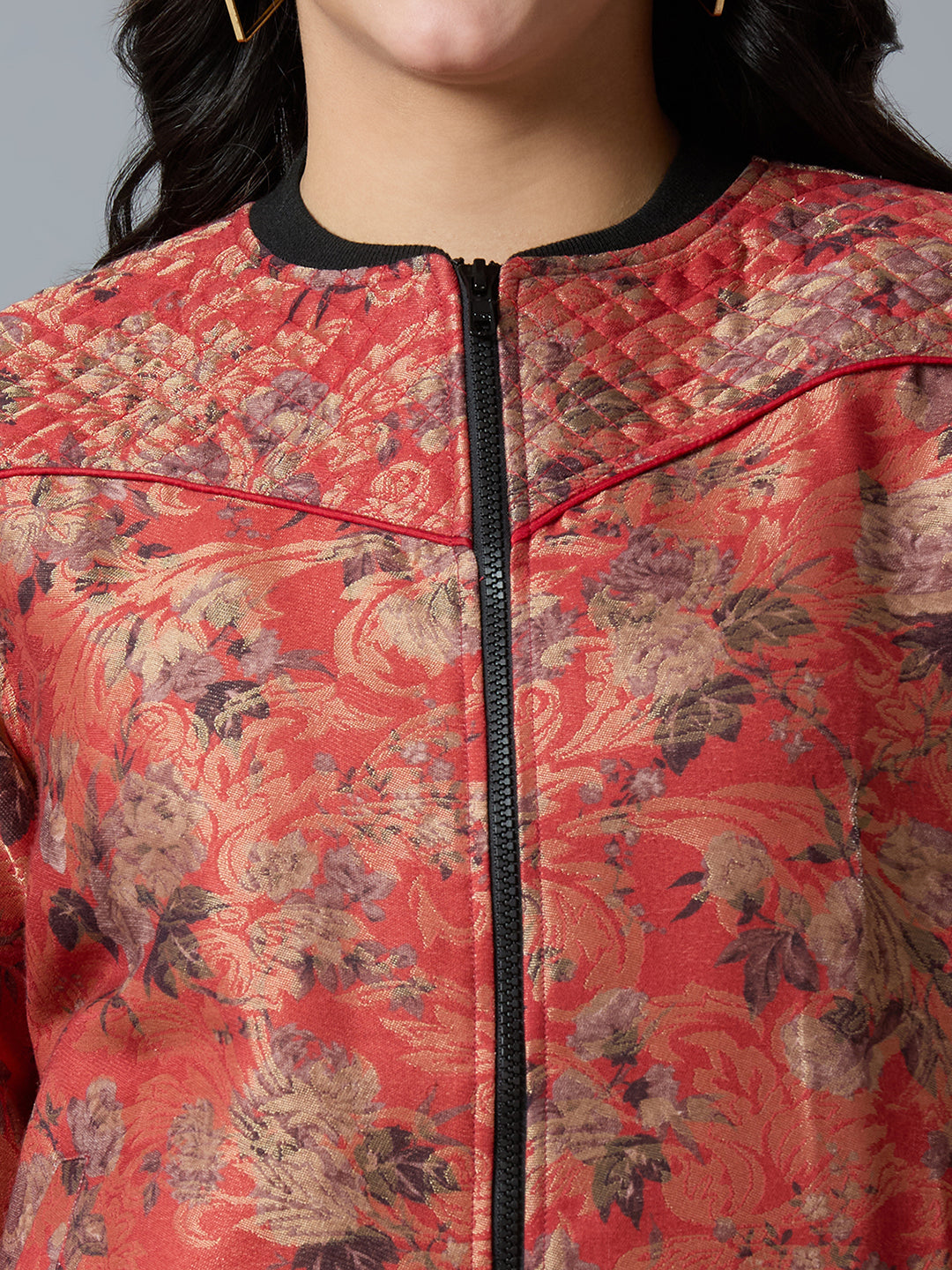 Red Multi Floral Swirl Design Brocade Bomber Jacket