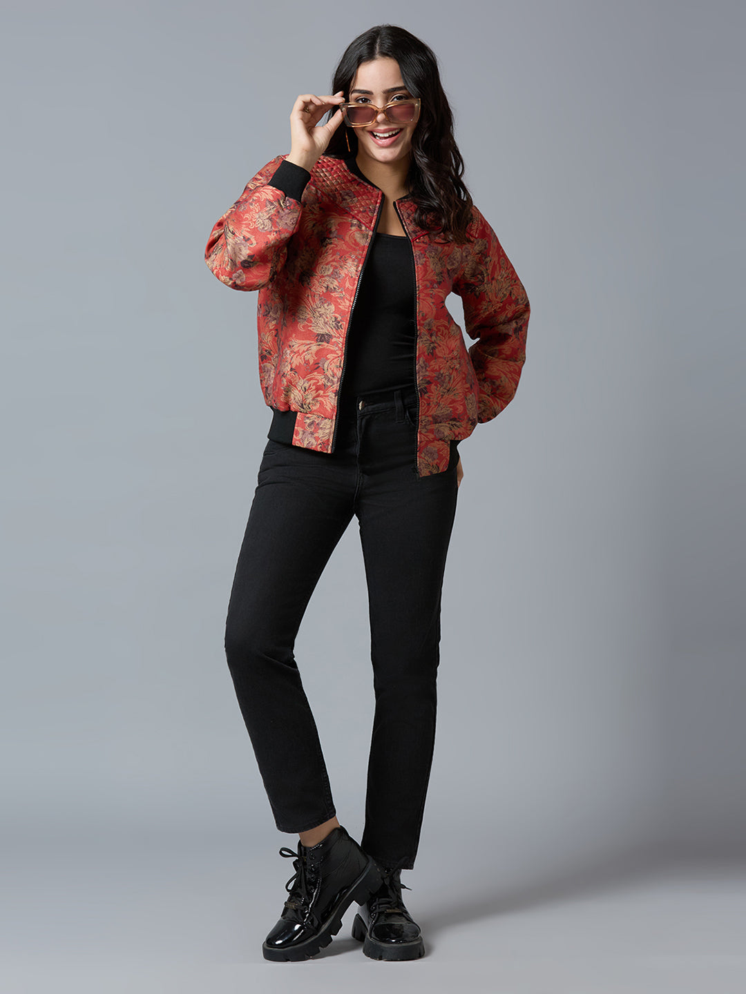 Brocade Floral Design Red Bomber Jacket