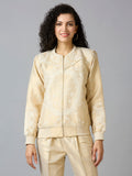 Off White Ornamental Design Brocade Bomber Jacket