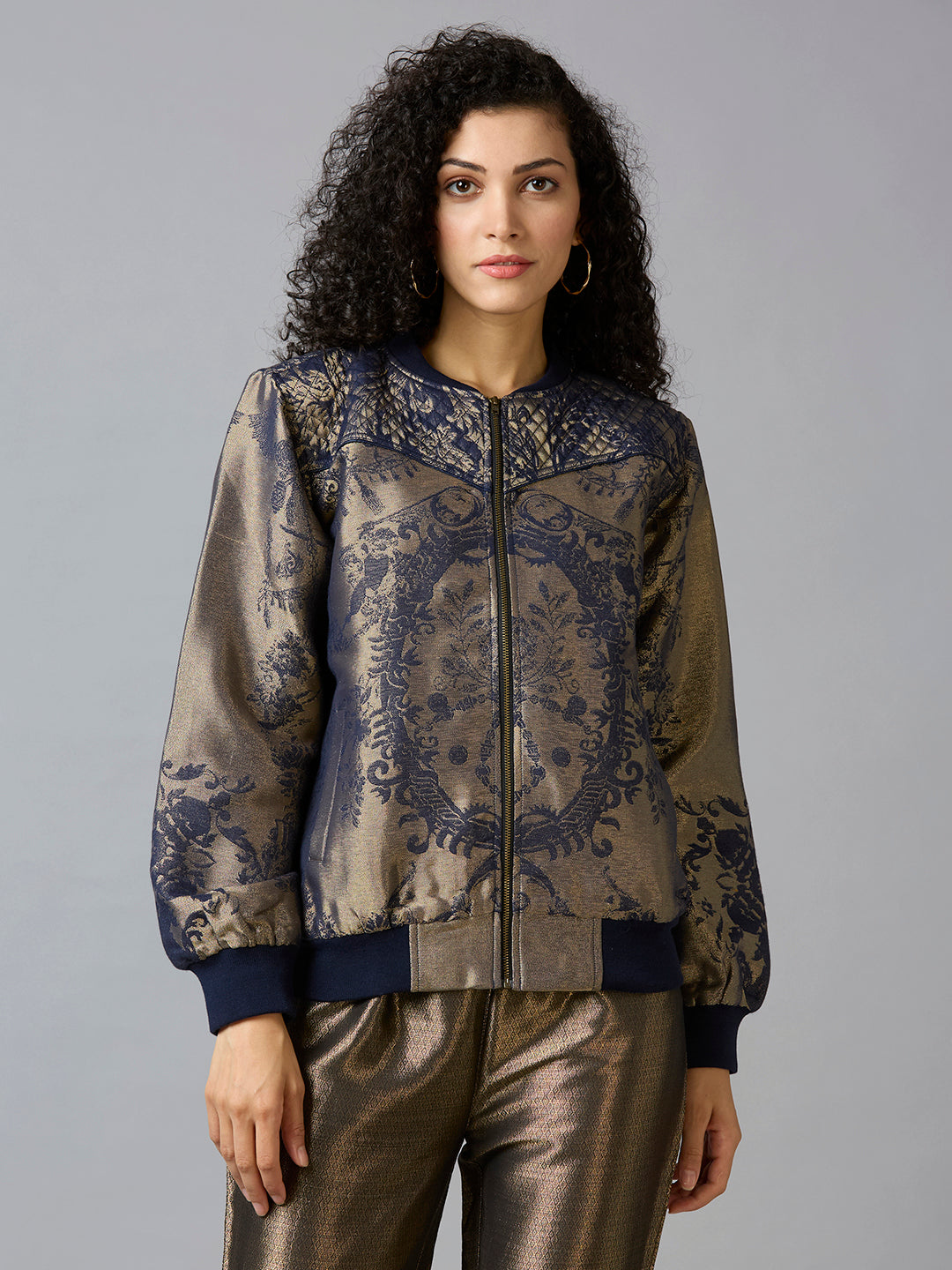 Brocade Ornamental Design Navy Bomber Jacket