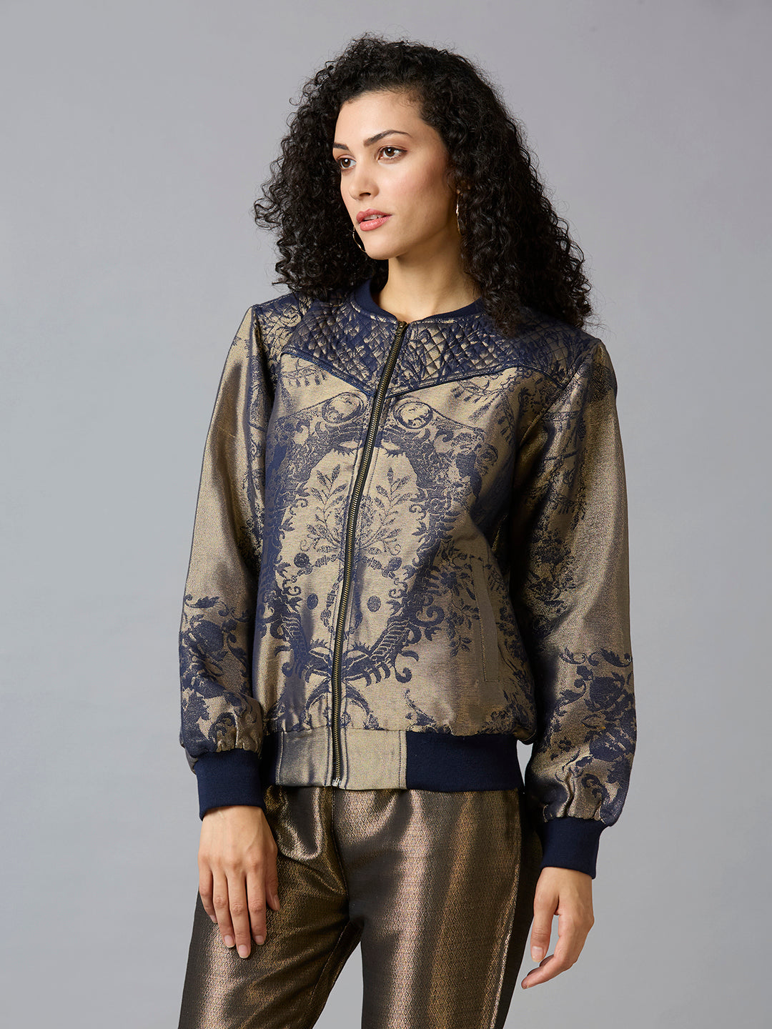 Brocade Ornamental Design Navy Bomber Jacket