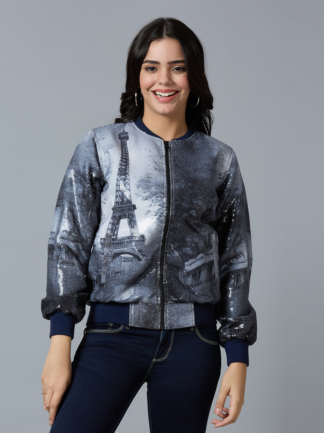 Navy Blue Paris Printed Sequin Bomber Jacket