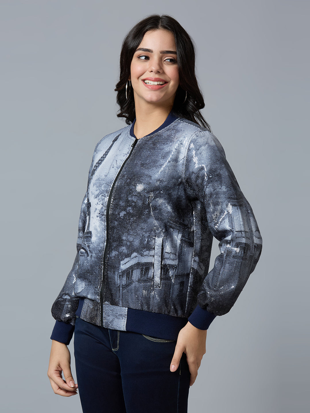 Navy Blue Paris Printed Sequin Bomber Jacket