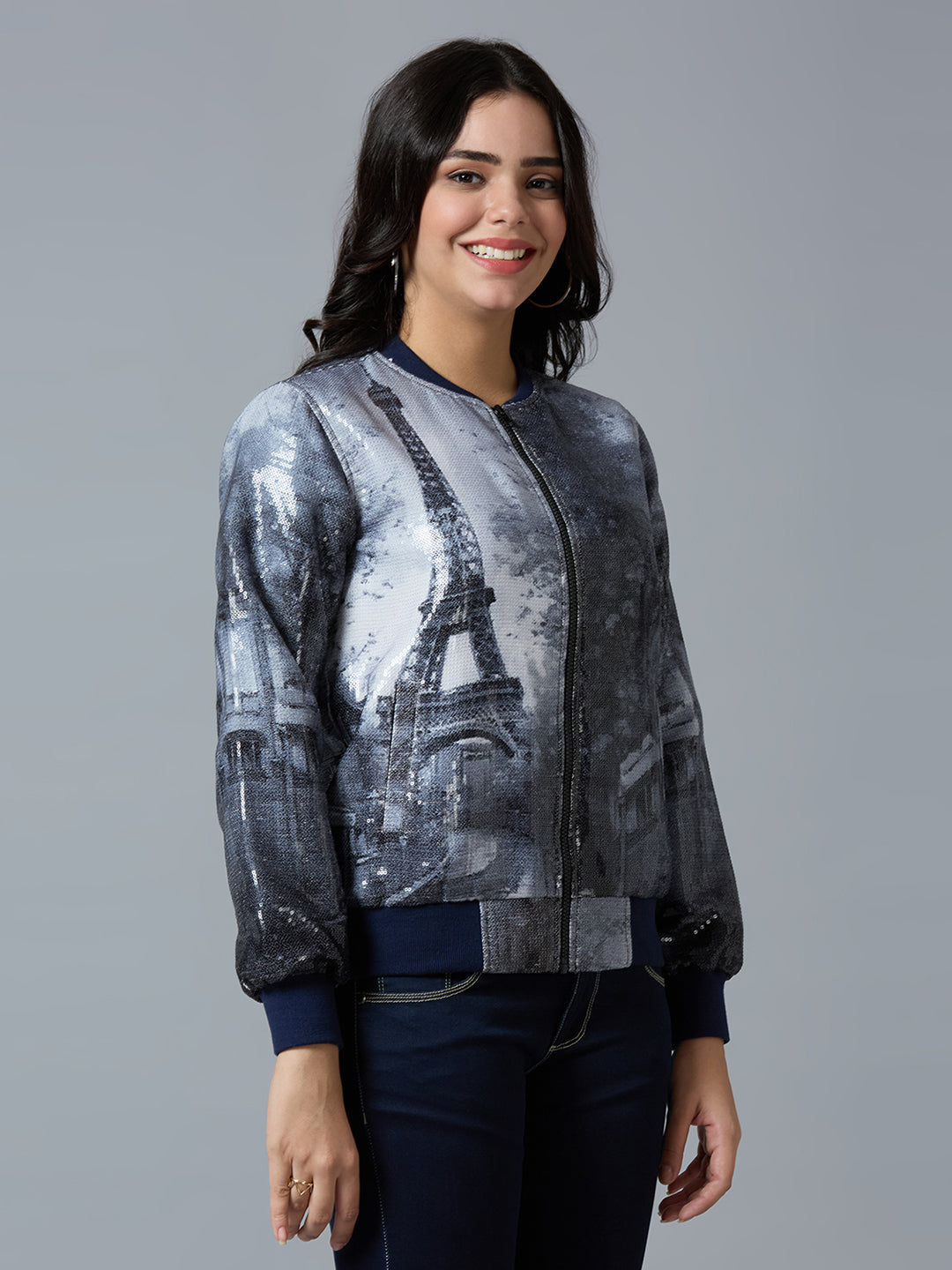 Navy Blue Paris Printed Sequin Bomber Jacket