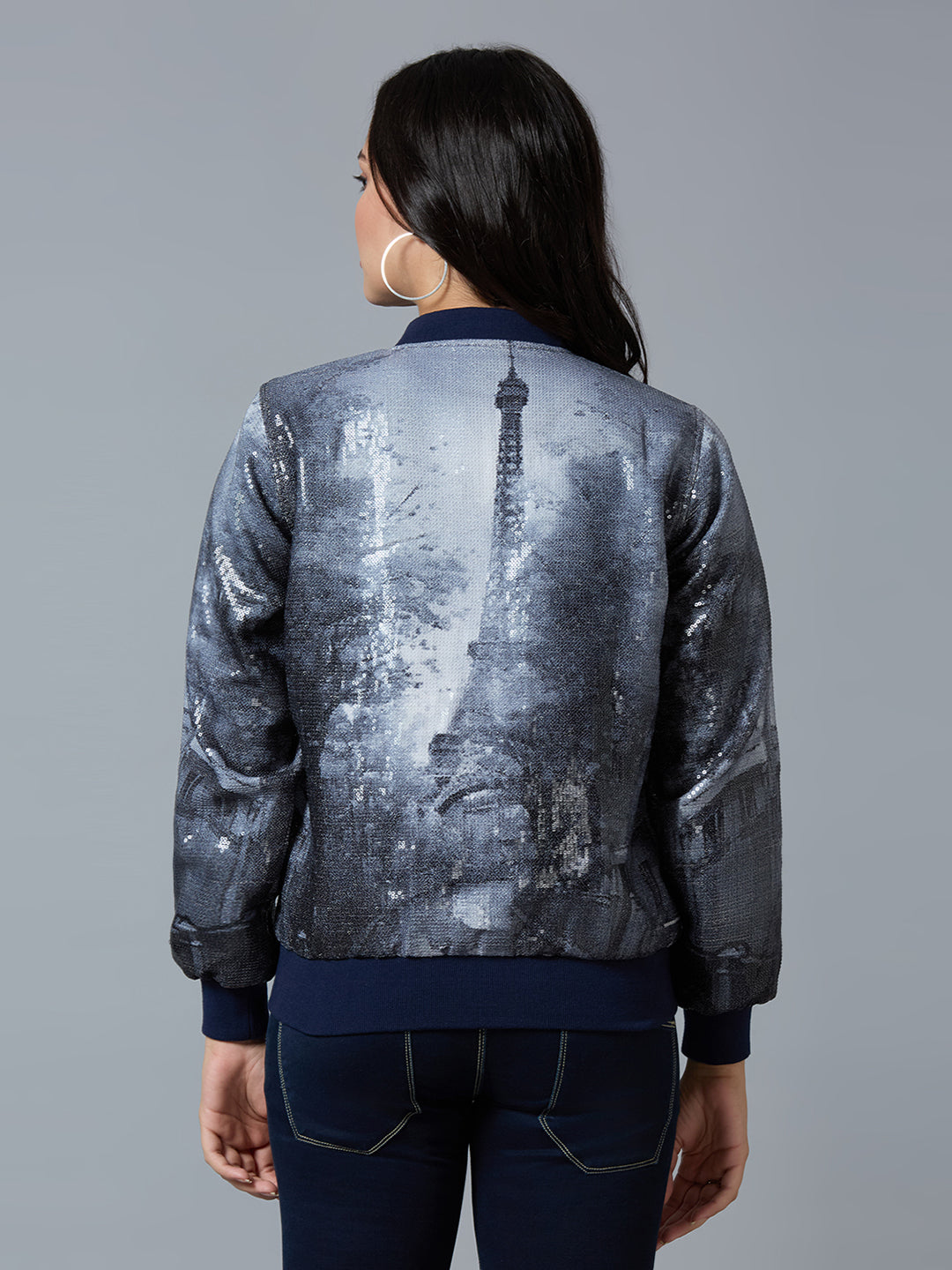 Navy Blue Paris Printed Sequin Bomber Jacket