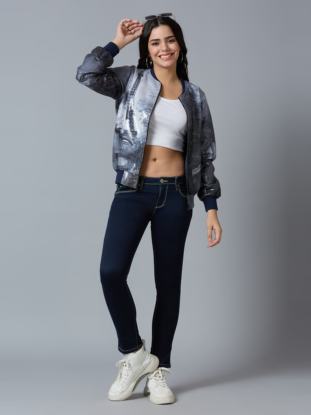 Sequin Paris Printed Grey Bomber Jacket
