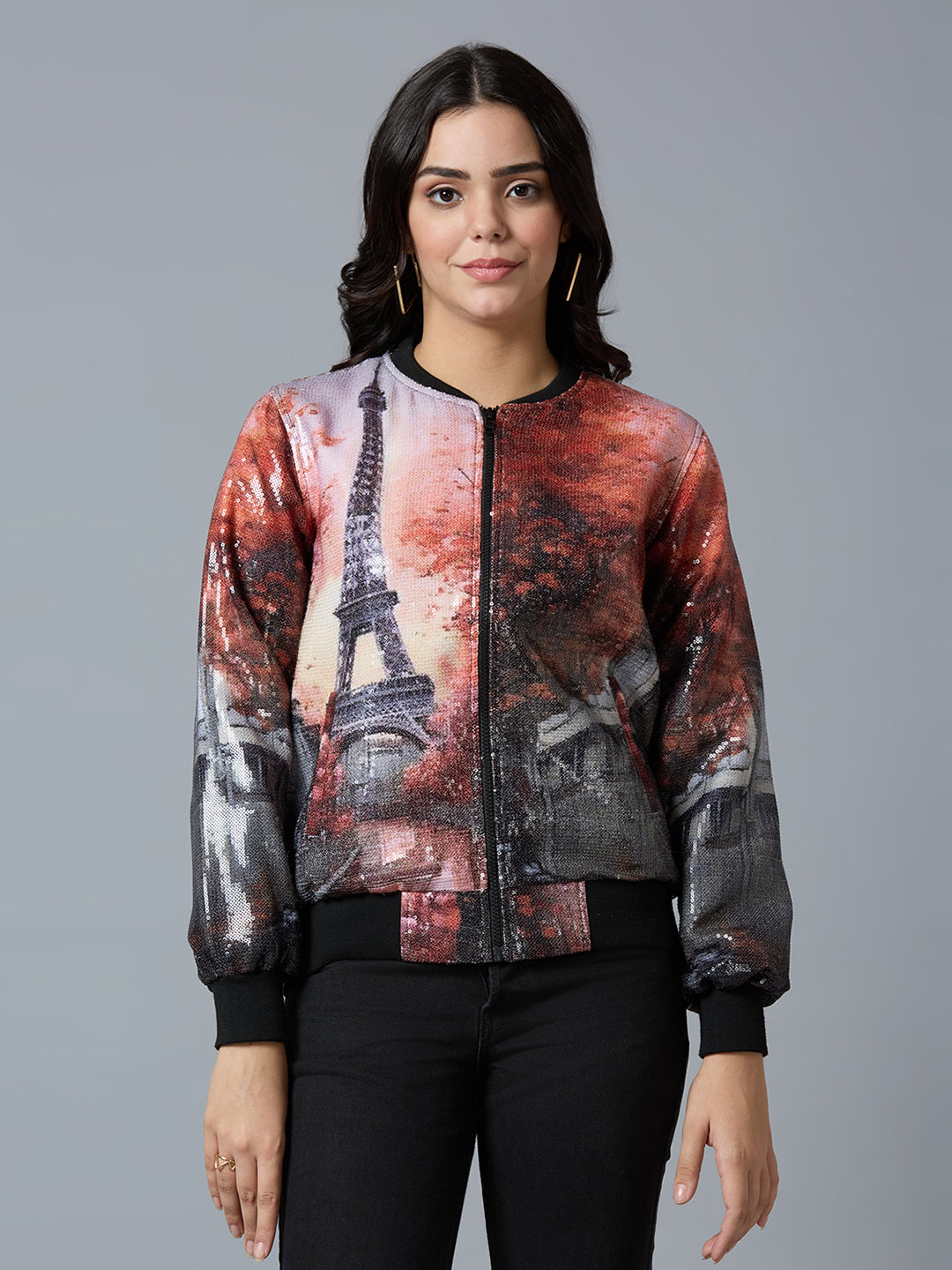 Red Multi Paris Printed Sequin Bomber Jacket