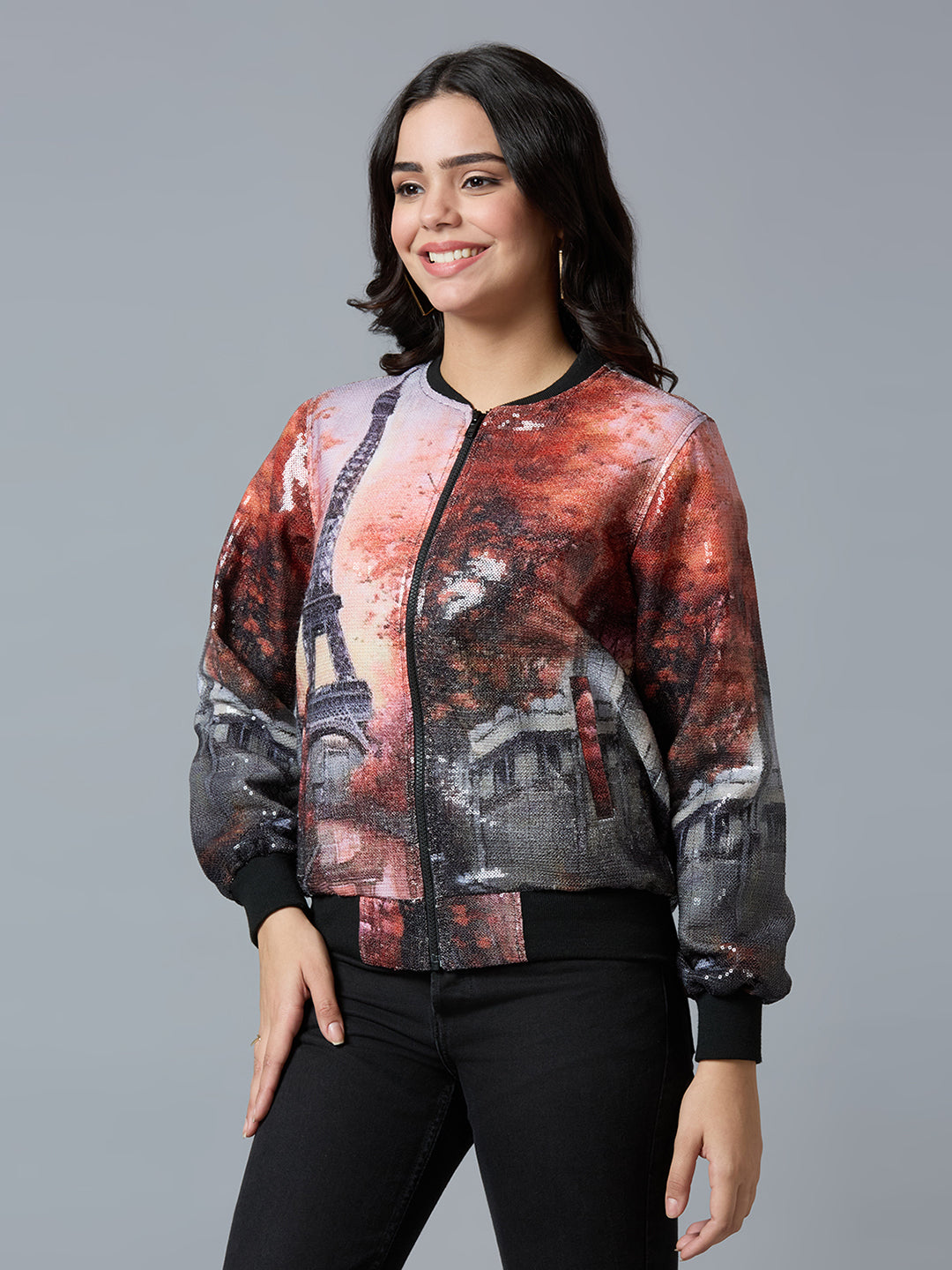 Red Multi Paris Printed Sequin Bomber Jacket