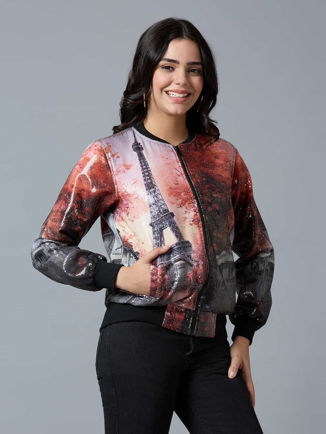 Red Multi Paris Printed Sequin Bomber Jacket