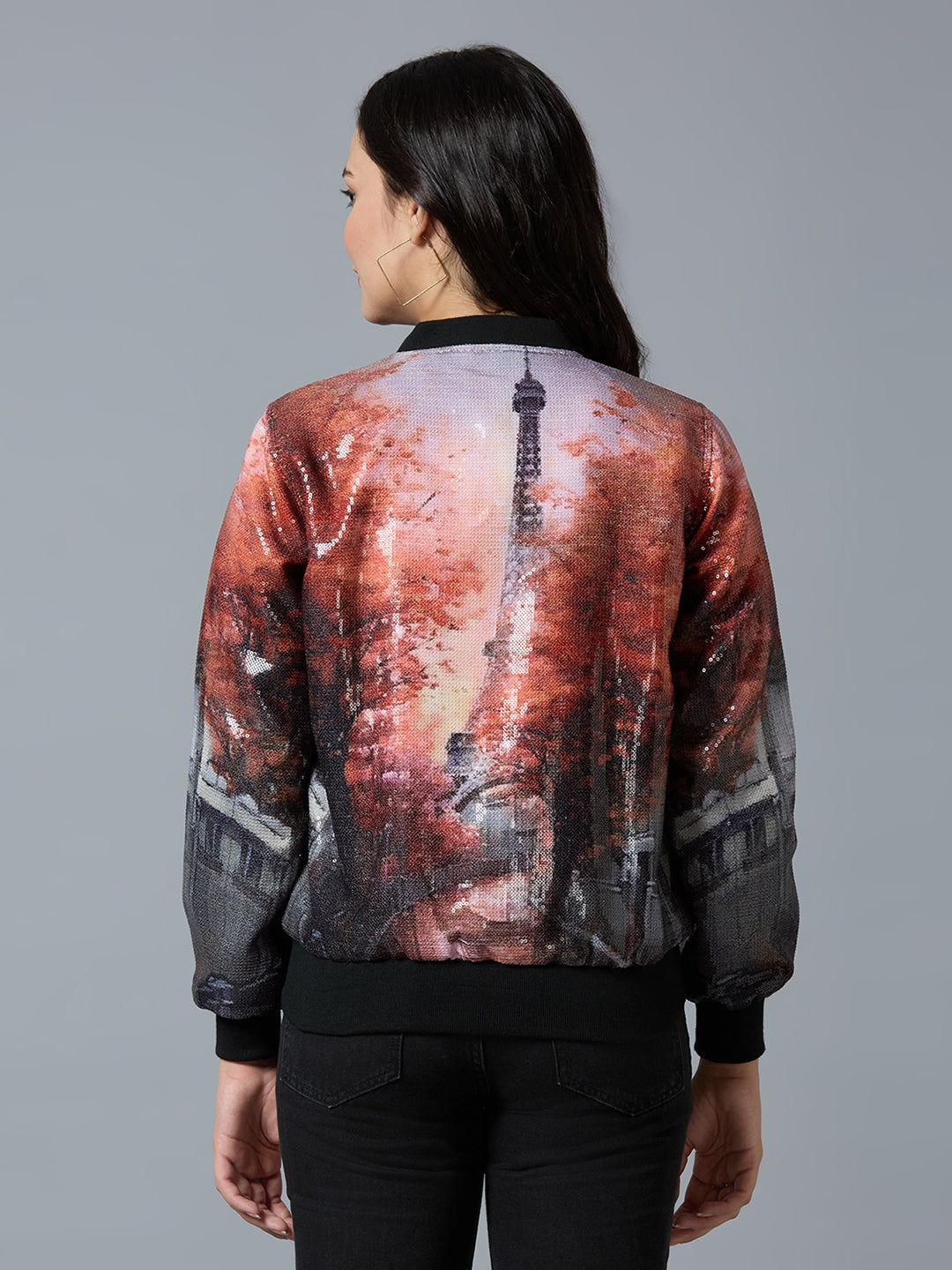 Red Multi Paris Printed Sequin Bomber Jacket