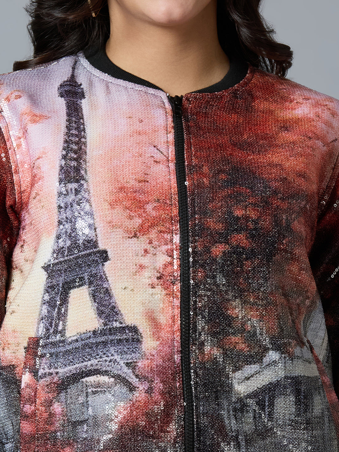 Red Multi Paris Printed Sequin Bomber Jacket