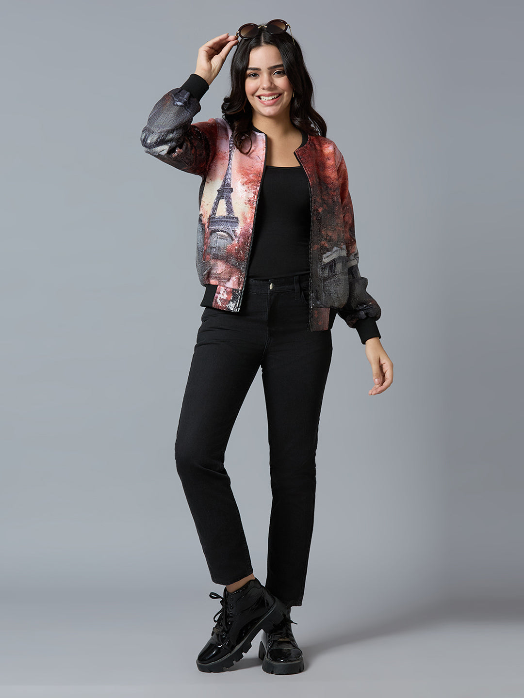 Sequin Paris Printed Red Multi Bomber Jacket