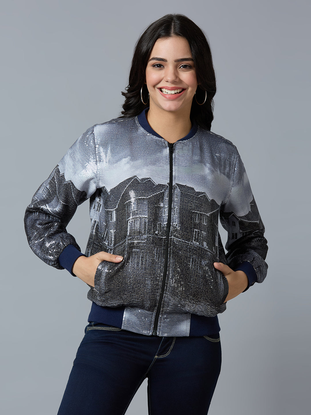 Navy Grey Lake House Printed Sequin Bomber Jacket