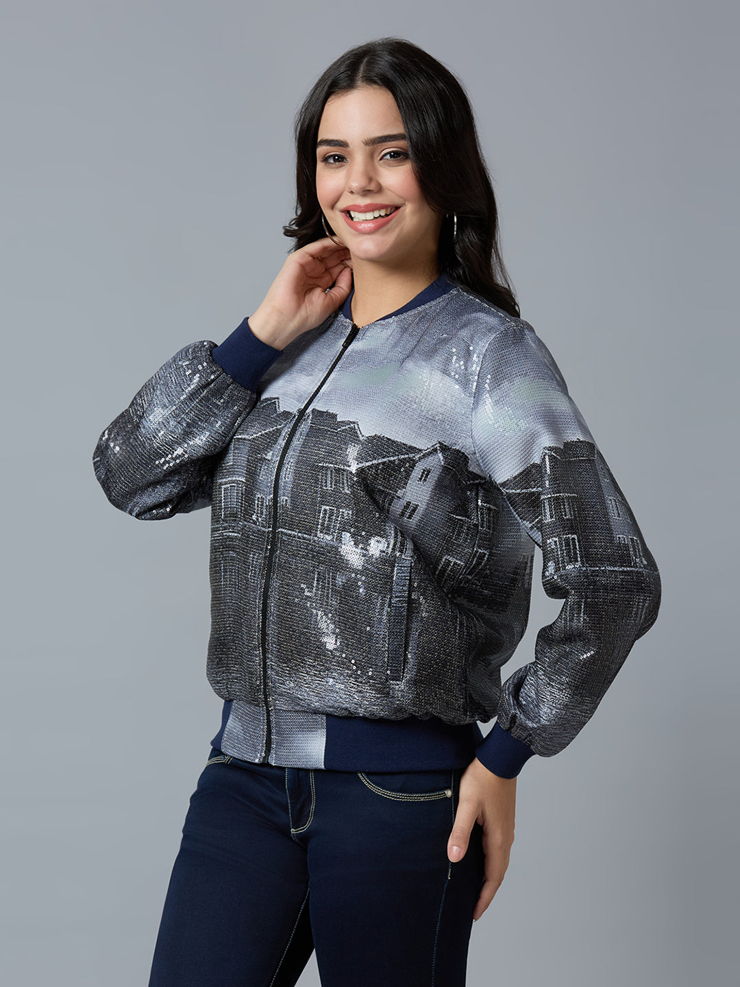 Navy Grey Lake House Printed Sequin Bomber Jacket