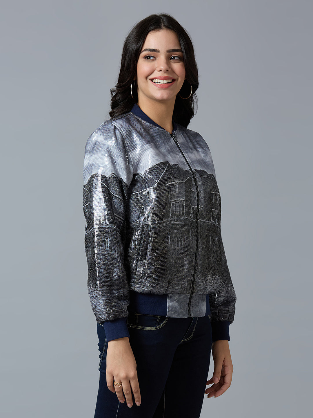 Navy Grey Lake House Printed Sequin Bomber Jacket