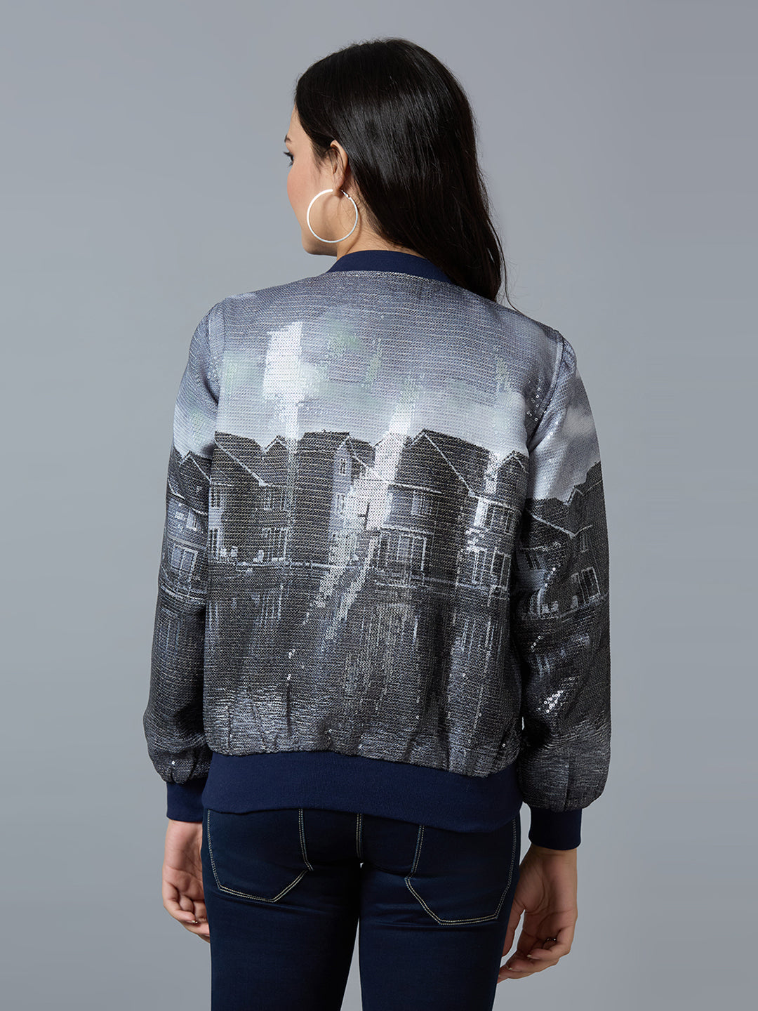 Navy Grey Lake House Printed Sequin Bomber Jacket