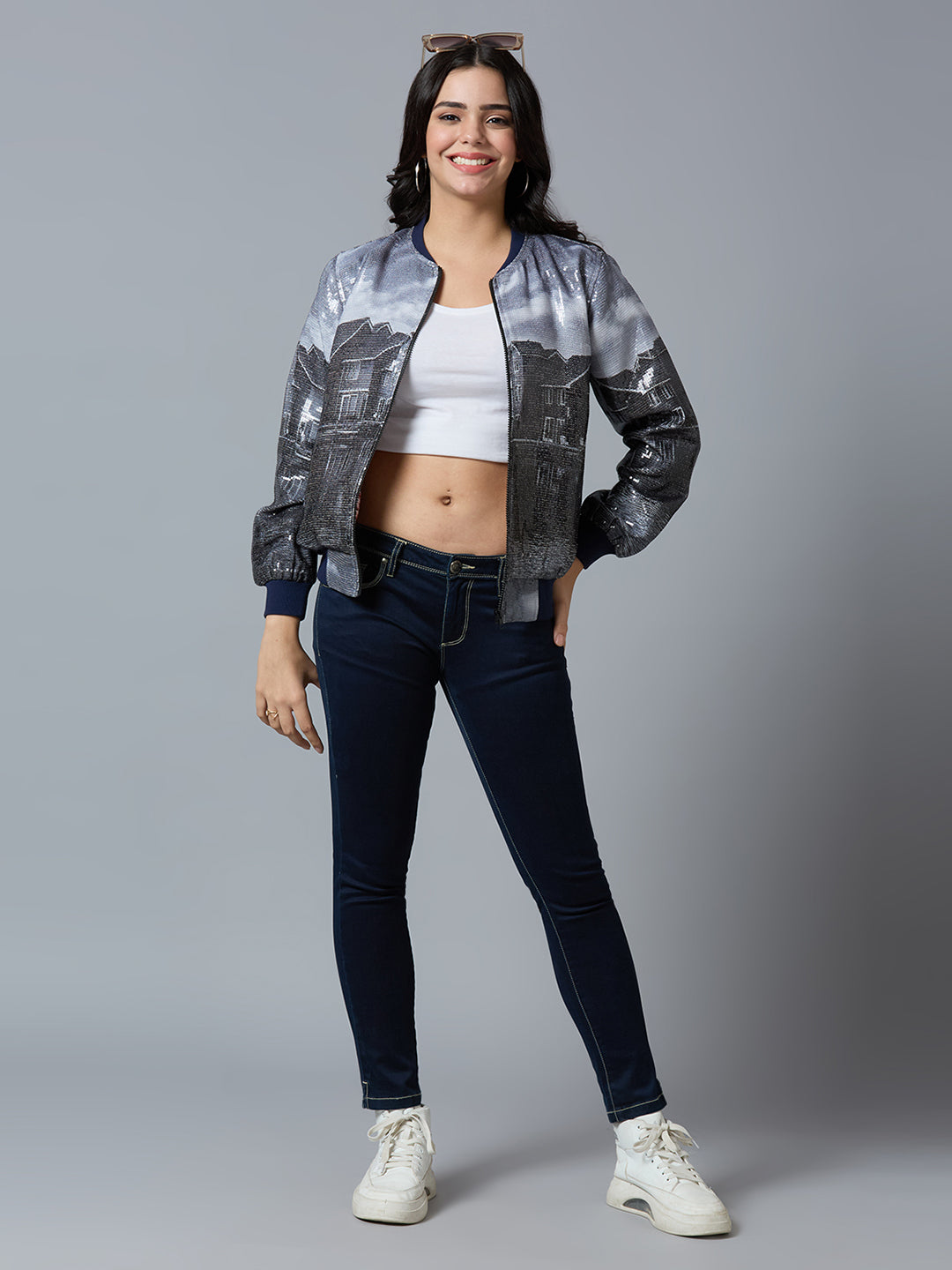 Sequin House Printed Grey Bomber Jacket
