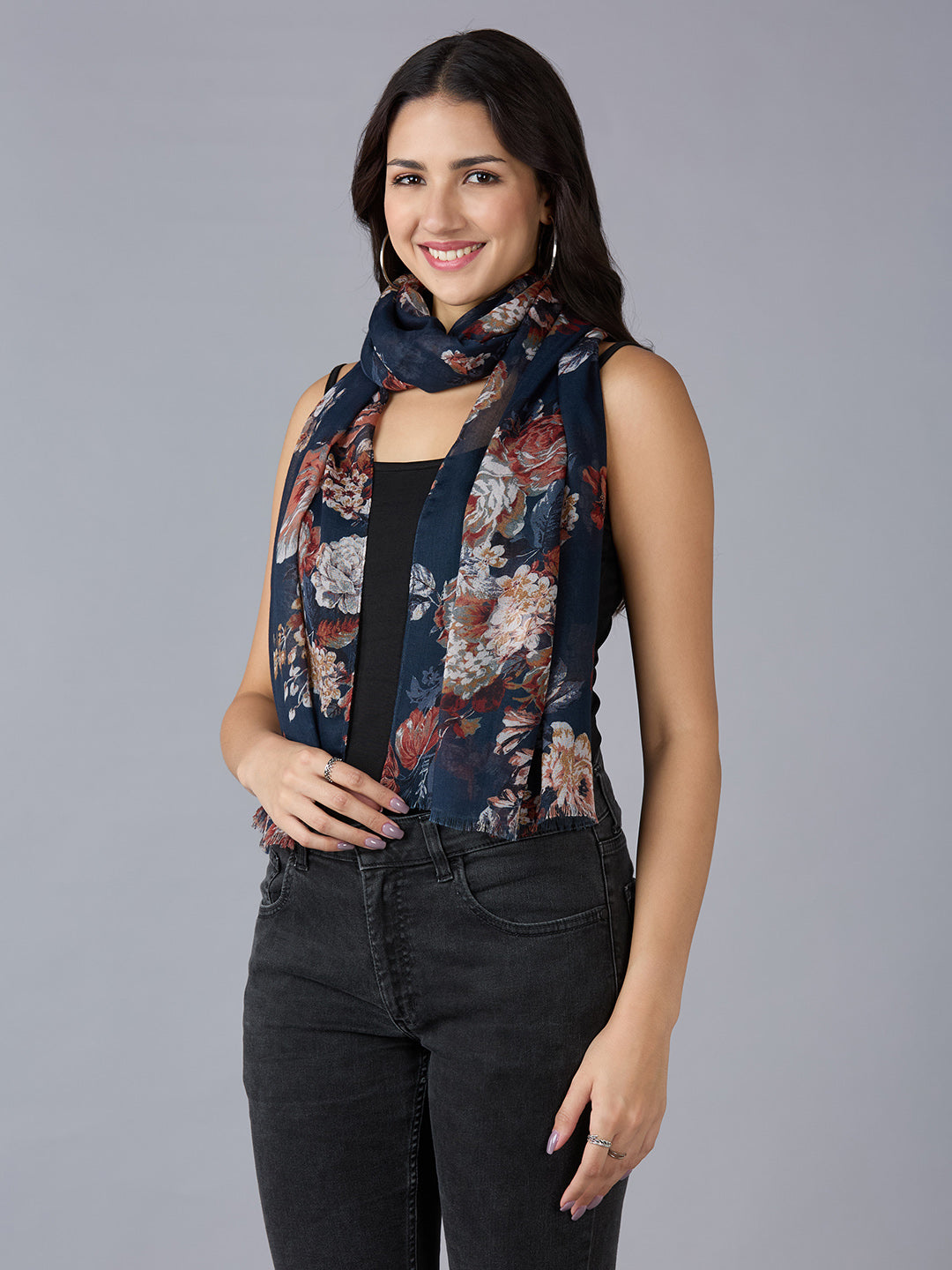 Navy Floral Printed Polyester Scarf