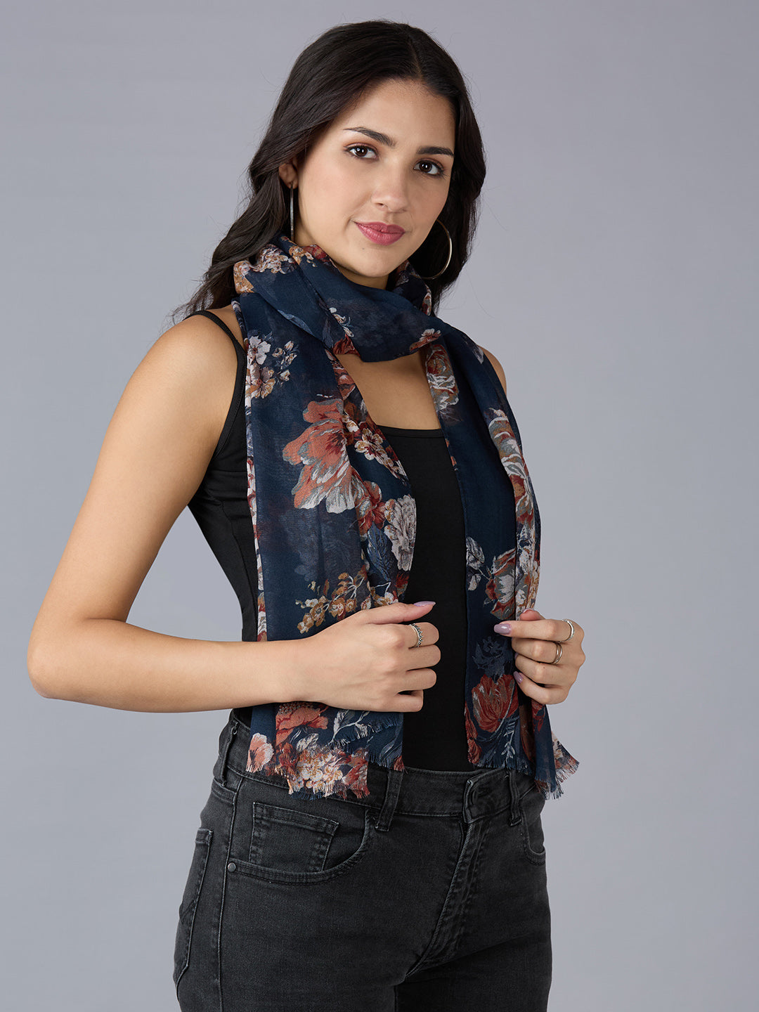 Navy Floral Printed Polyester Scarf