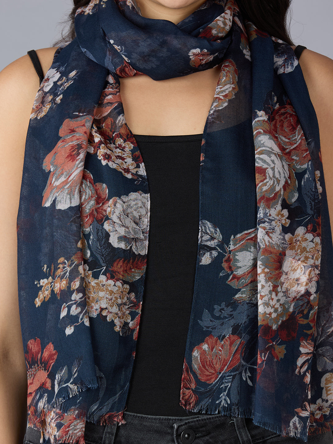 Navy Floral Printed Polyester Scarf