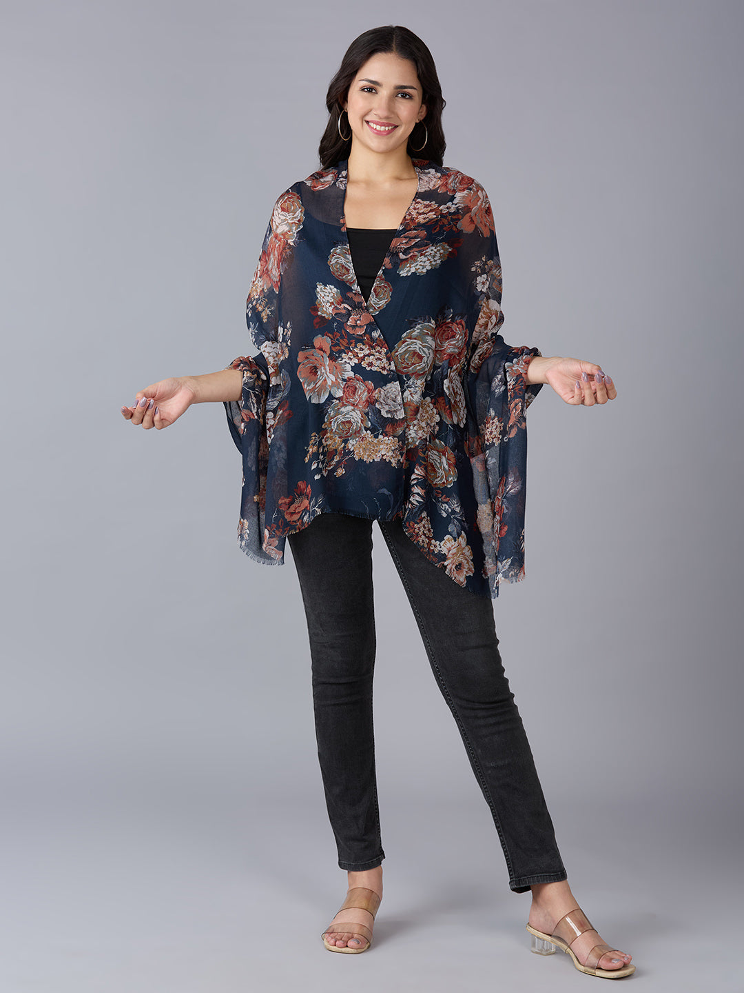 Navy Floral Printed Polyester Scarf