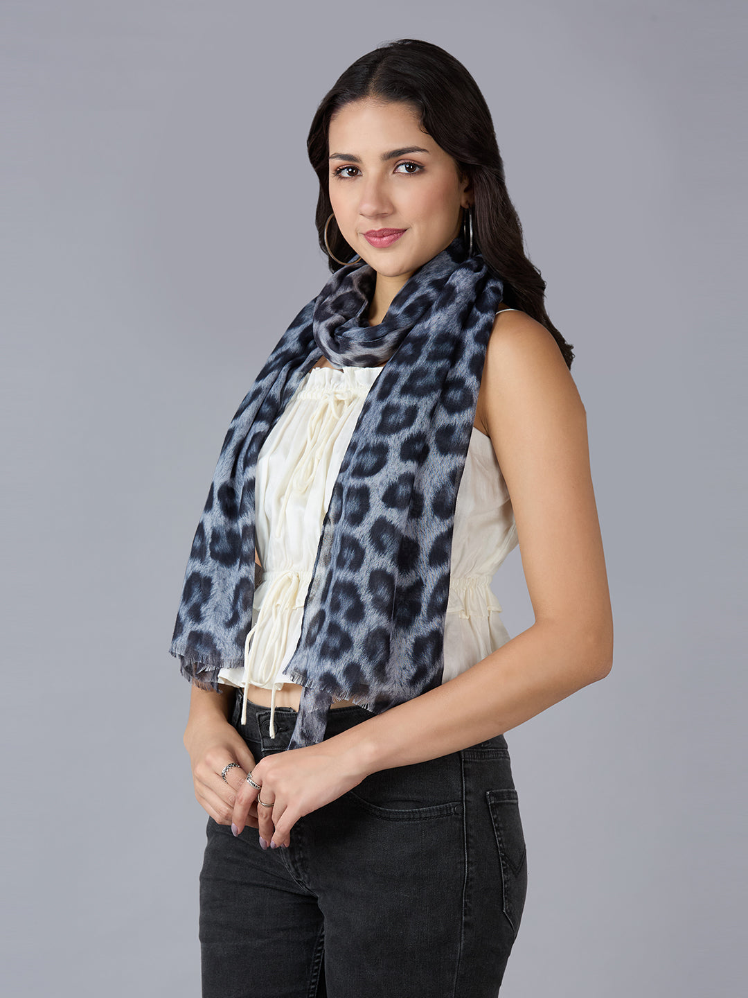 Grey Animal Printed Polyester Scarf