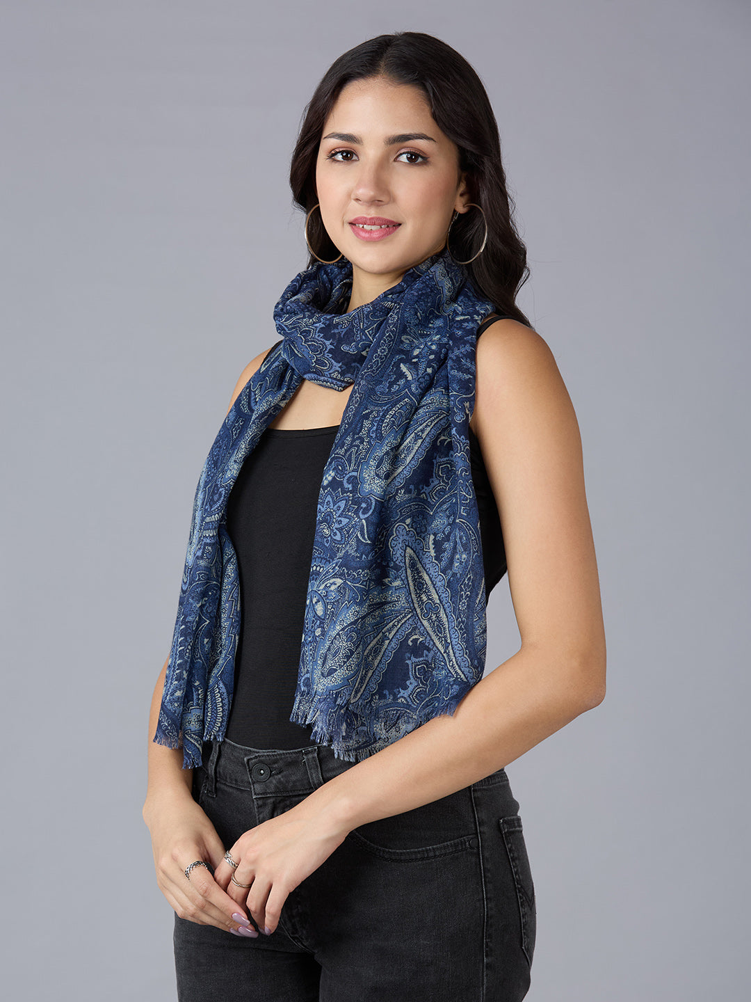 Blue Paisley Printed Polyester Scarf