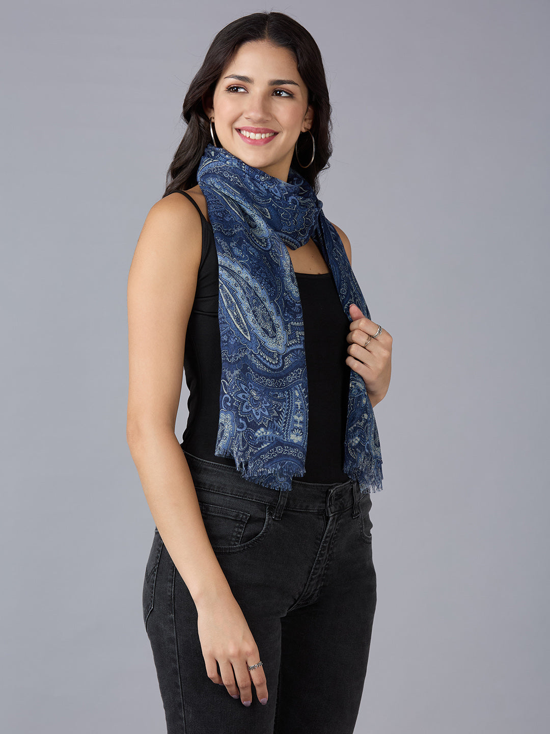 Blue Paisley Printed Polyester Scarf