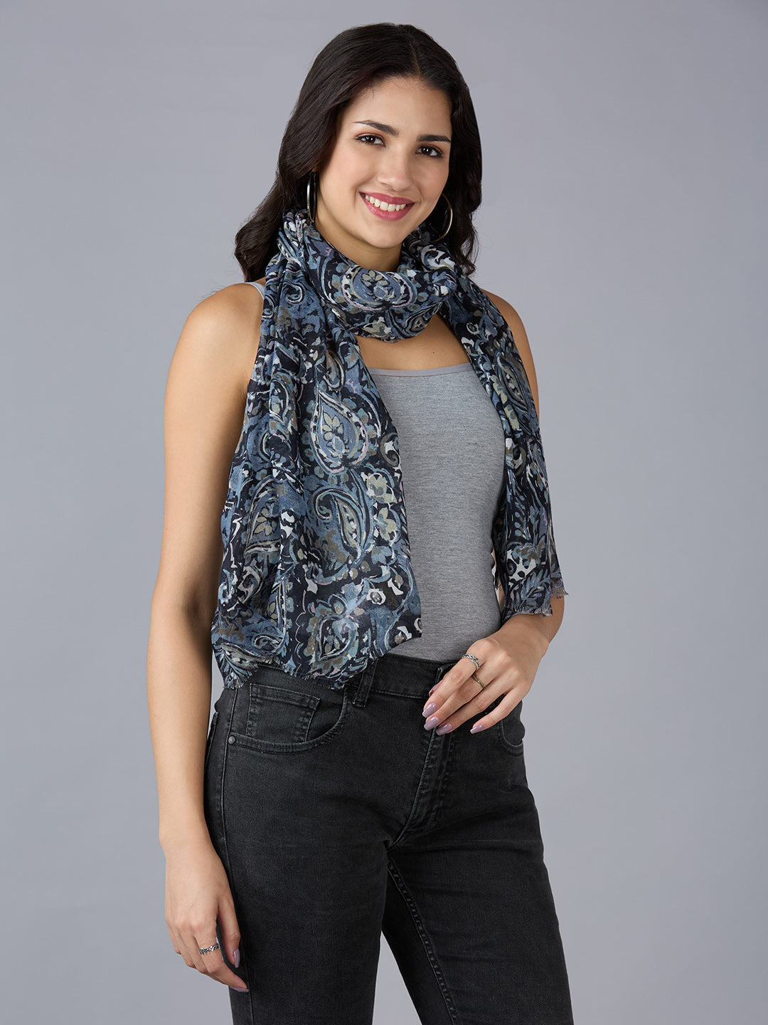 Black Paisley Printed Polyester Scarf