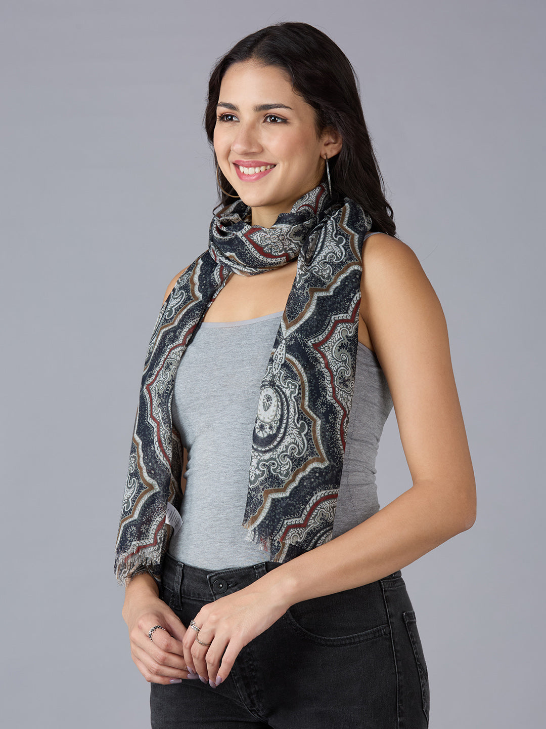 Black Ornamental Printed Polyester Scarf