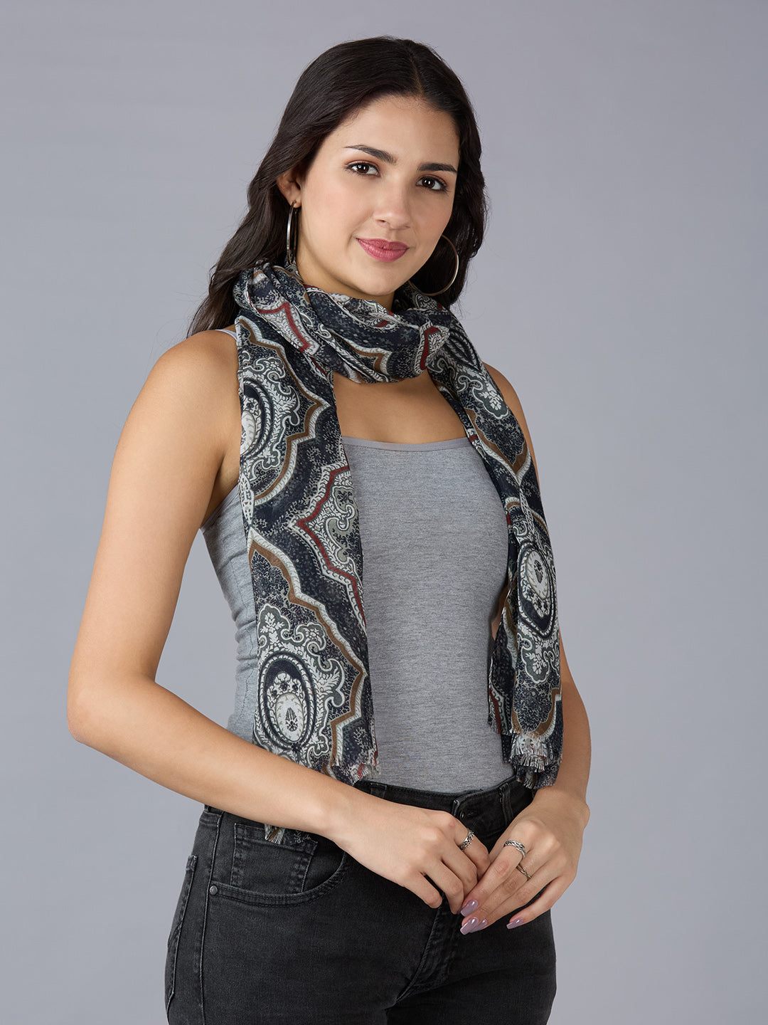 Black Ornamental Printed Polyester Scarf