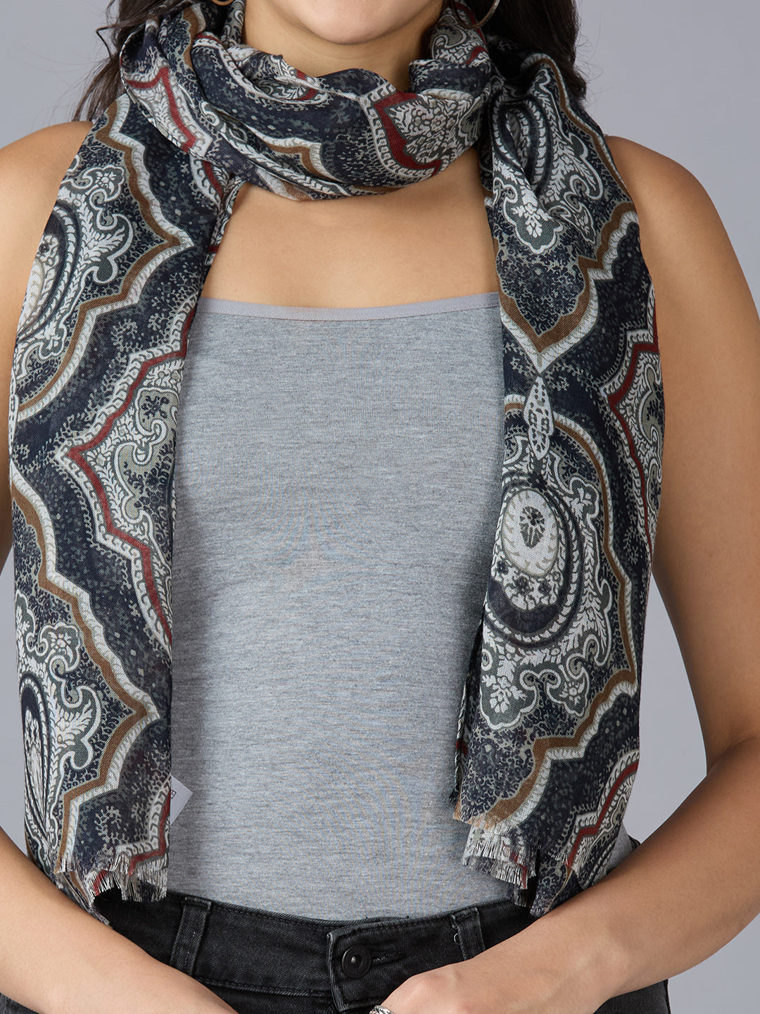 Black Ornamental Printed Polyester Scarf