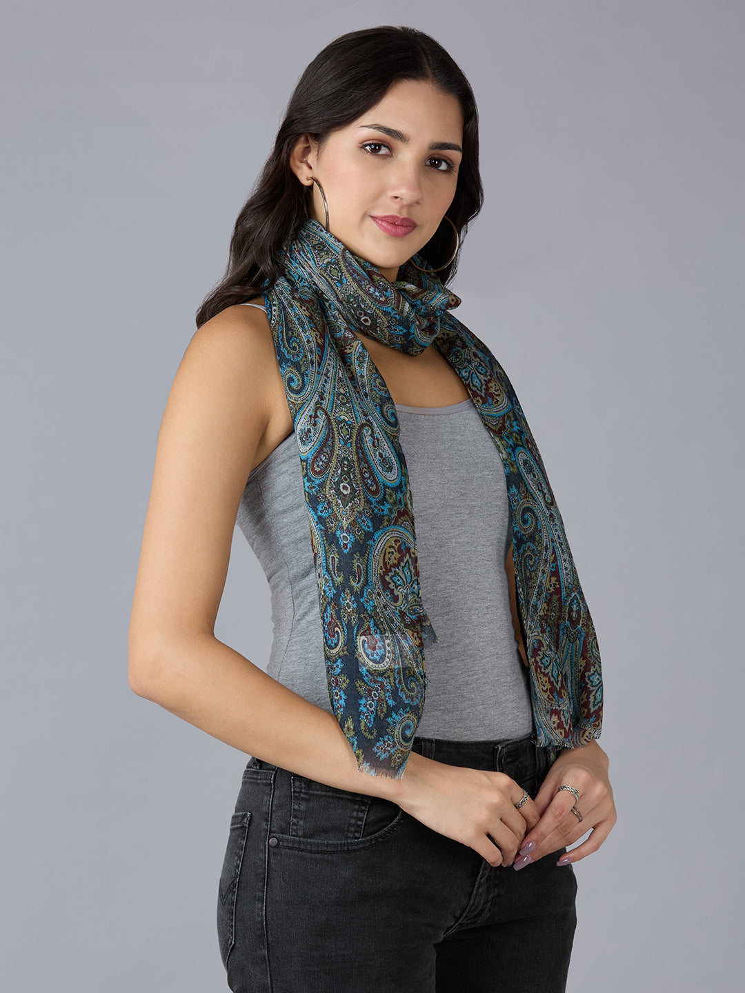 Green Paisley Printed Polyester Scarf